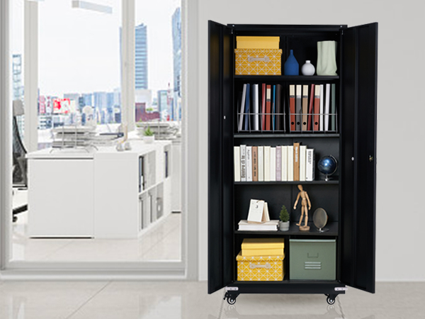VEVOR metal storage cabinet with organized office supplies and books, set in a modern office space.