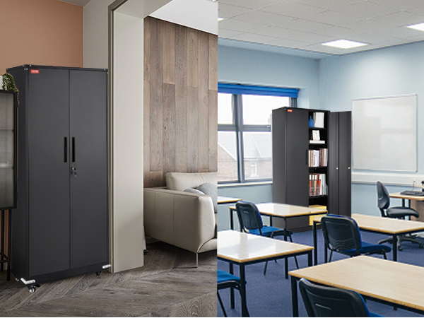 VEVOR metal storage cabinet in cozy living room and bright classroom settings, showcasing versatility.