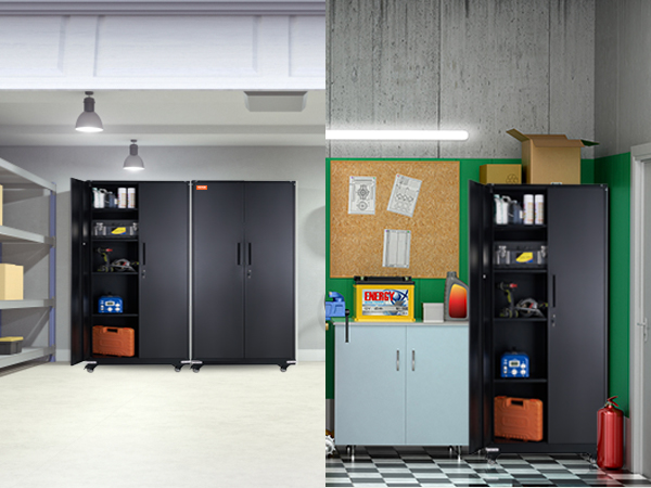 black VEVOR metal storage cabinets in organized garages with shelves and tools on display.