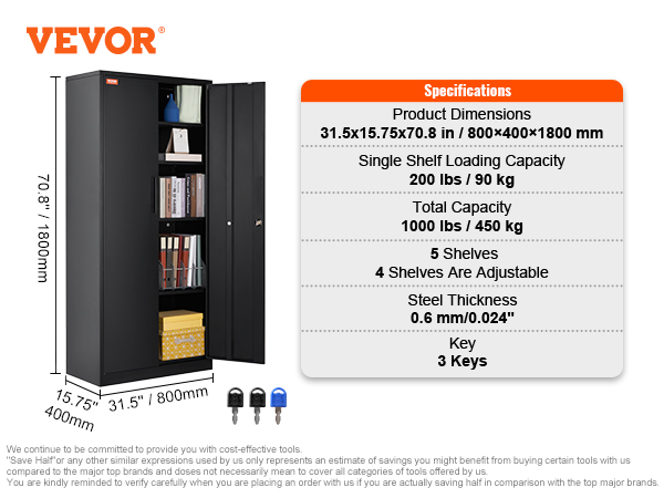 VEVOR metal storage cabinet with adjustable shelves, 1000 lbs capacity, dimensions 31.5x15.75x70.8 in.