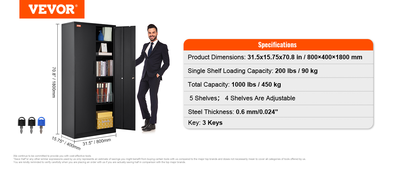 VEVOR metal storage cabinet with adjustable shelves, 1000 lbs capacity, dimensions 31.5x15.75x70.8 in.