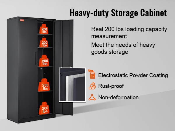 heavy-duty VEVOR metal storage cabinet with 200 lbs load capacity per shelf, rust-proof, non-deformation.