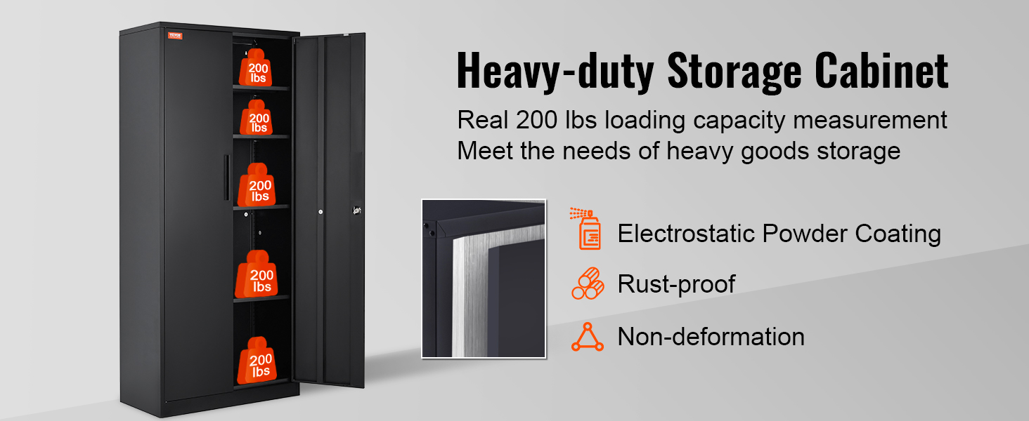 heavy-duty VEVOR metal storage cabinet with 200 lbs load capacity per shelf, rust-proof, non-deformation.