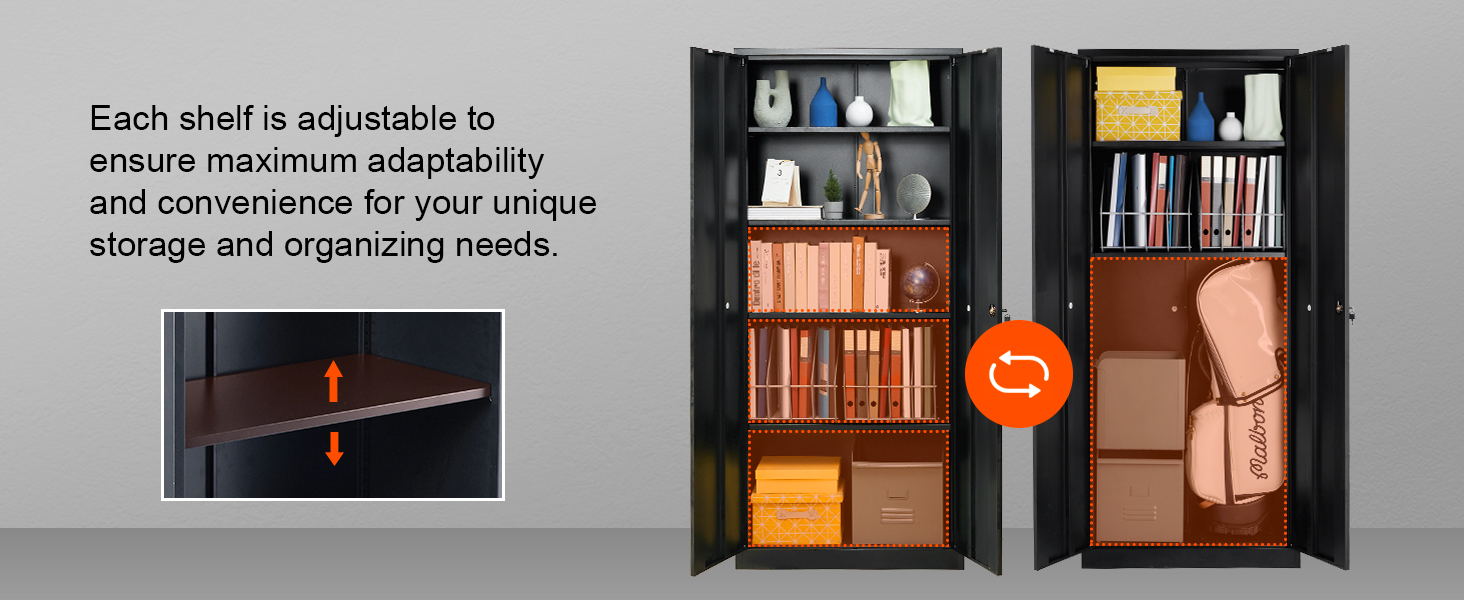 VEVOR metal storage cabinet showcasing adjustable shelves for versatile organizing solutions.
