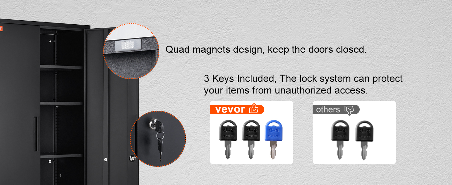 VEVOR metal storage cabinet with quad magnet doors, 3 keys included for secure lock system.