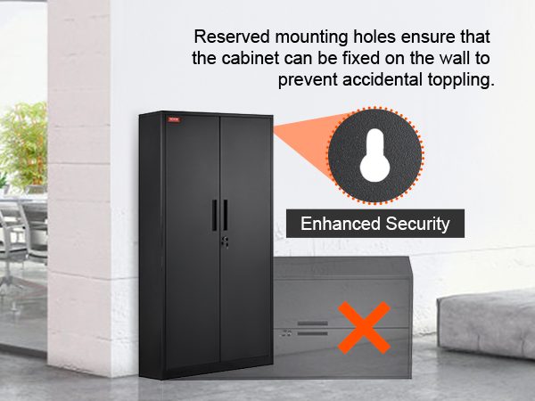 black VEVOR metal storage cabinet with lock, enhanced security, and mounting holes against wall.
