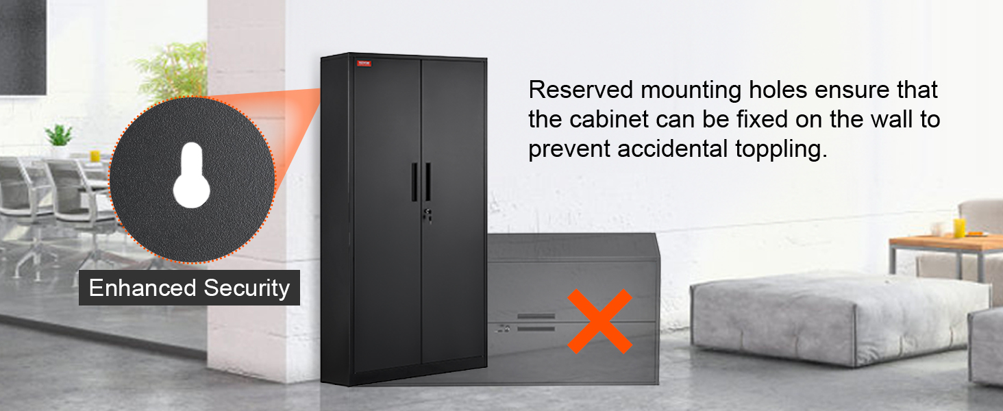 black VEVOR metal storage cabinet with lock, enhanced security, and mounting holes against wall.