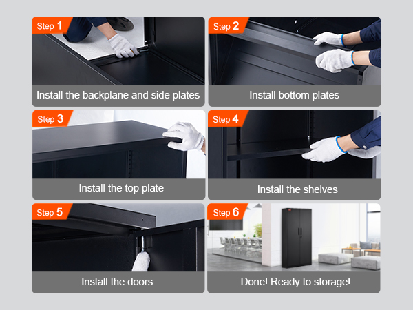 assembly steps for VEVOR metal storage cabinet: install back, side, bottom, top plates, shelves, and doors.