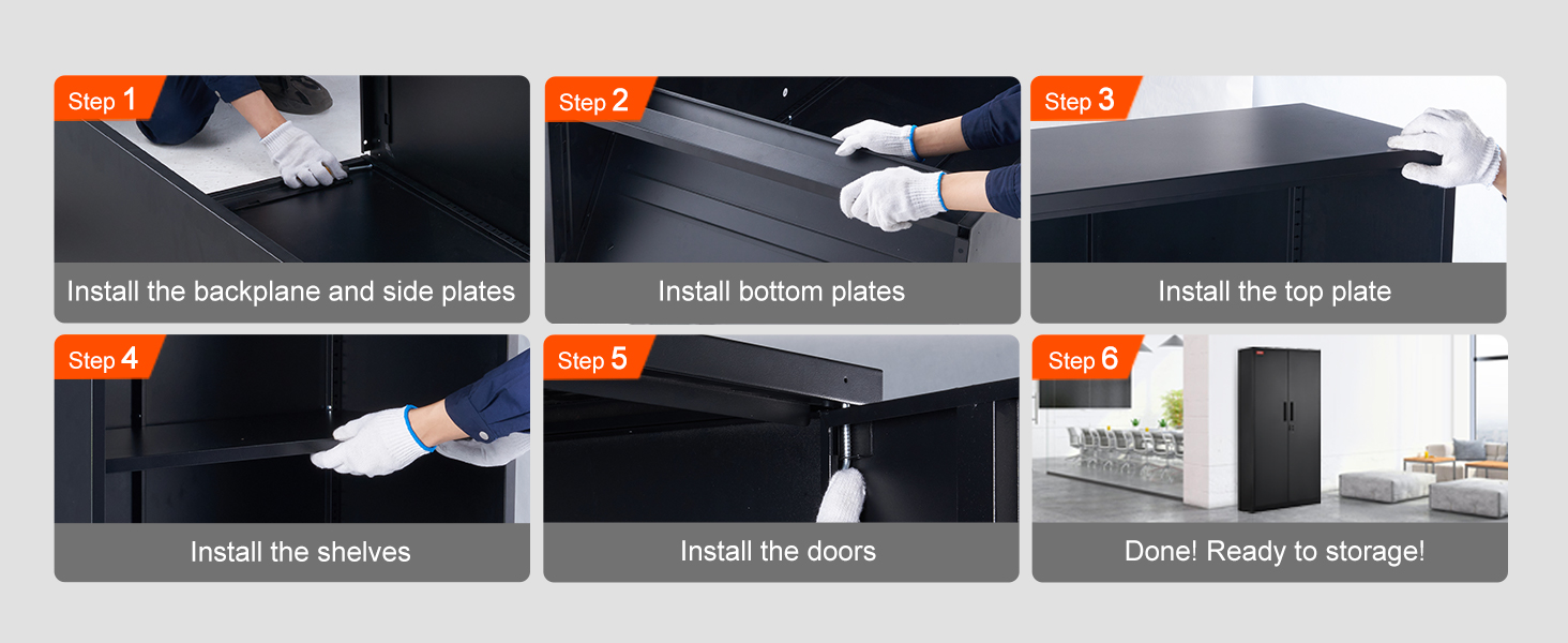 assembly steps for VEVOR metal storage cabinet: install back, side, bottom, top plates, shelves, and doors.