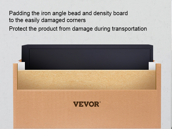 VEVOR metal storage cabinet packed with padding and density board for protection during transport.