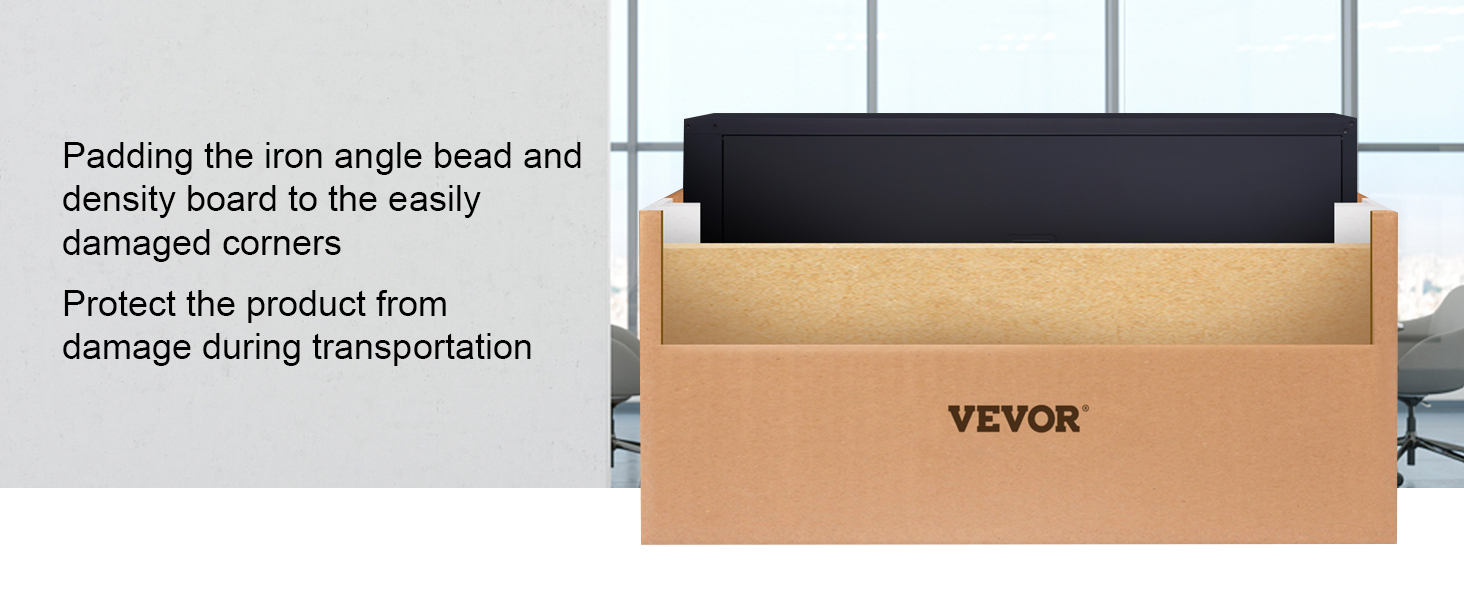 VEVOR metal storage cabinet packed with padding and density board for protection during transport.