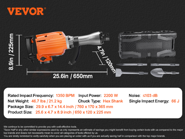 VEVOR demolition jack hammer with specifications and accessories including three drill bits and a case.