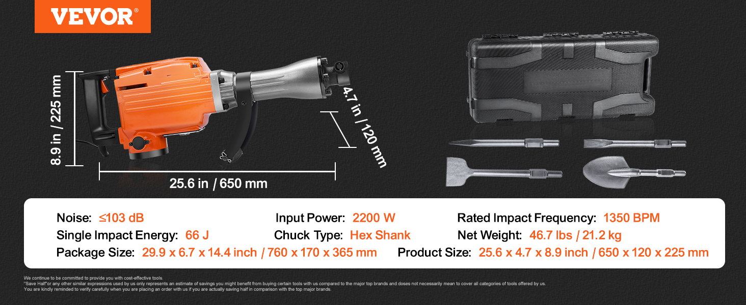 VEVOR demolition jack hammer with specifications and accessories including three drill bits and a case.