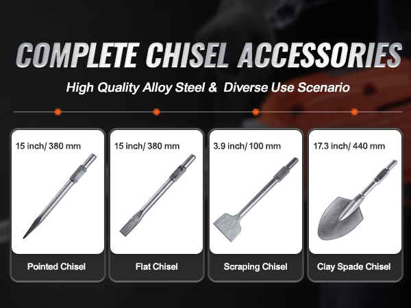 комплект зубильных принадлежностей для отбойного молотка VEVOR demolition jack hammer: заостренные, плоские, зачистные и глиняные долота-лопаты.