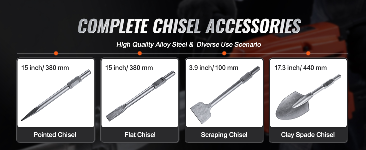 комплект зубильных принадлежностей для отбойного молотка VEVOR demolition jack hammer: заостренные, плоские, зачистные и глиняные долота-лопаты.