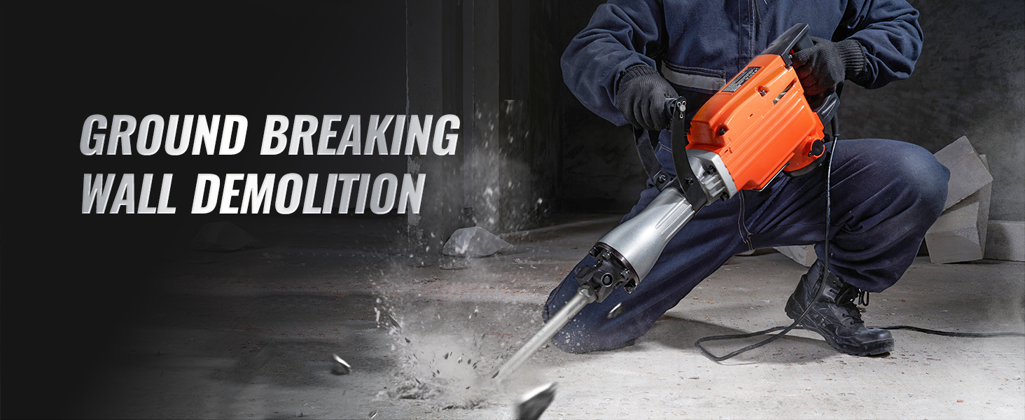 worker using VEVOR demolition jack hammer, breaking concrete with text 