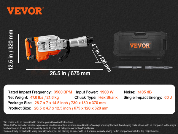 VEVOR demolition jack hammer, 60j impact energy, 3500w power, 1900 bpm, includes hex shank and case.