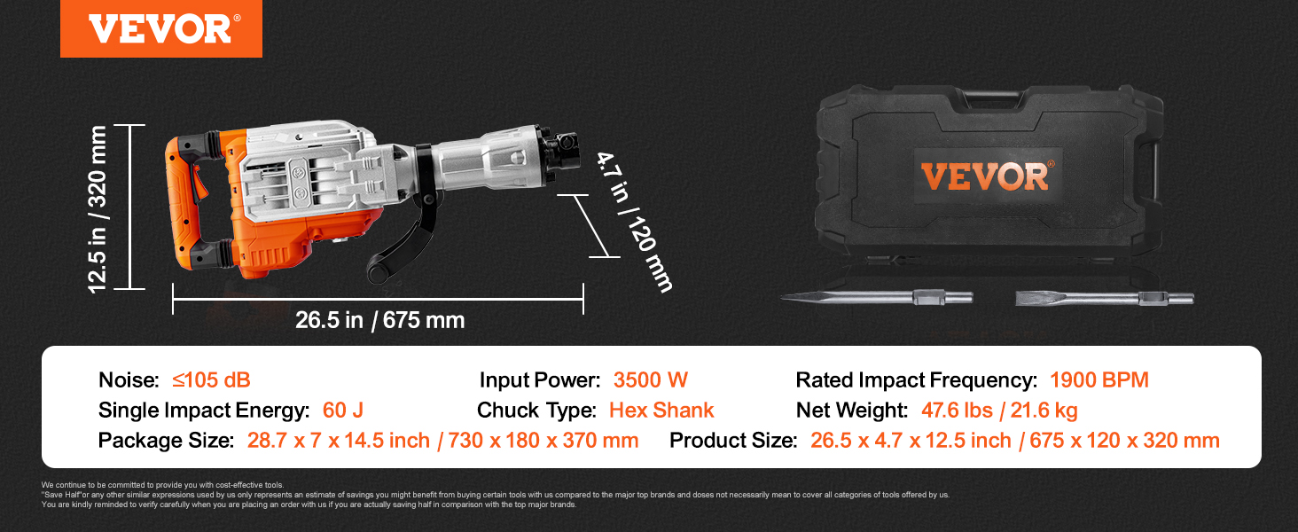 VEVOR demolition jack hammer, 60j impact energy, 3500w power, 1900 bpm, includes hex shank and case.