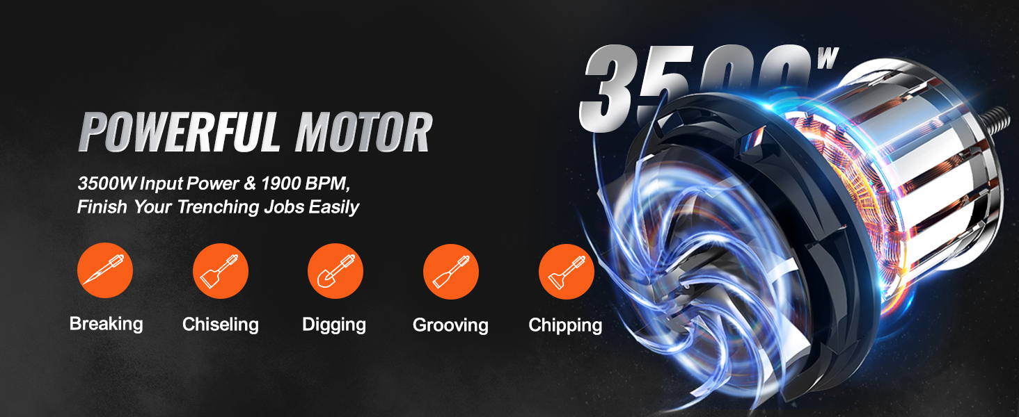 powerful motor with 3500w input power, 1900 bpm for breaking, chiseling, digging, grooving, and chipping.