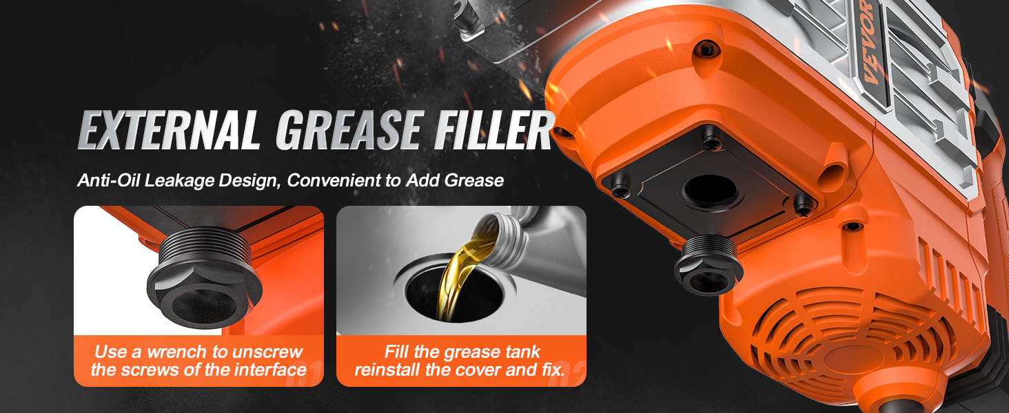 VEVOR demolition jack hammer external grease filler, anti-oil leakage design for easy maintenance.