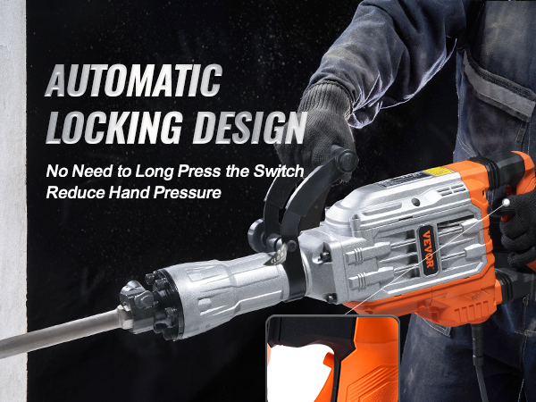 VEVOR demolition jack hammer with automatic lock design reduces hand pressure during use.