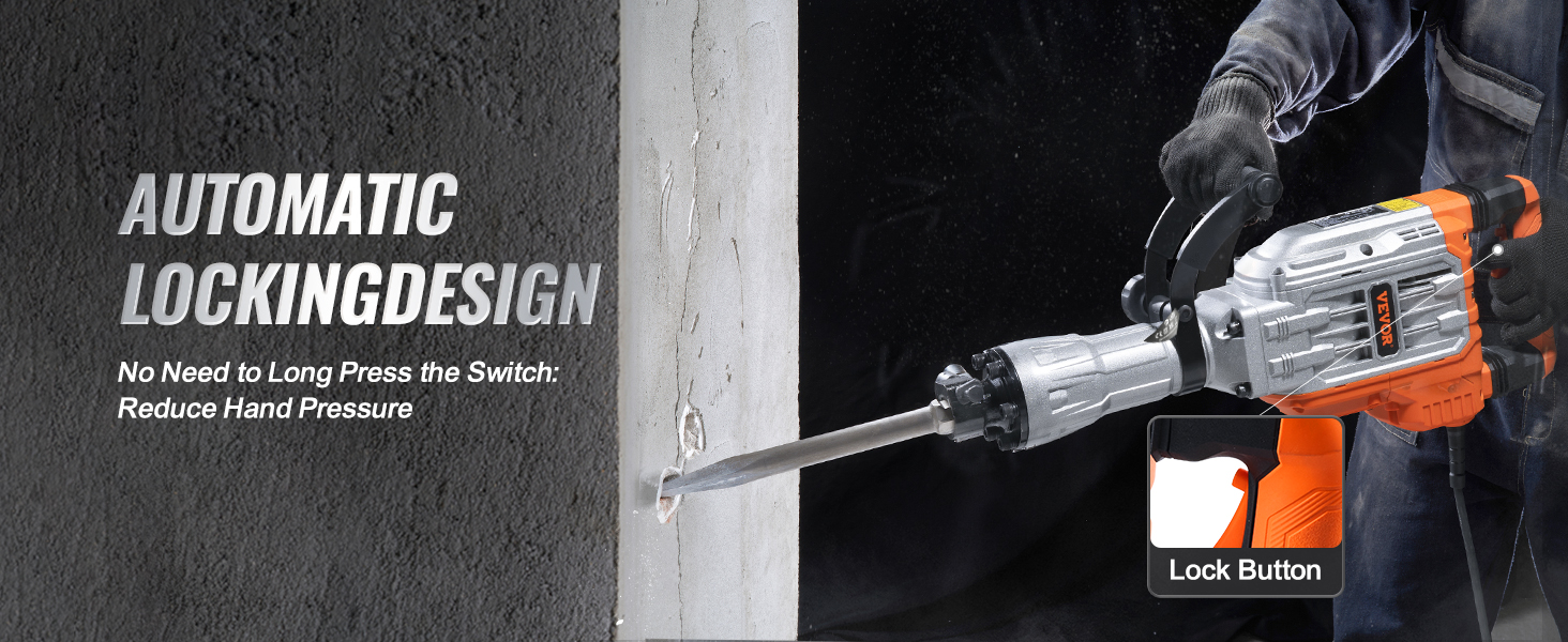 VEVOR demolition jack hammer with automatic lock design reduces hand pressure during use.
