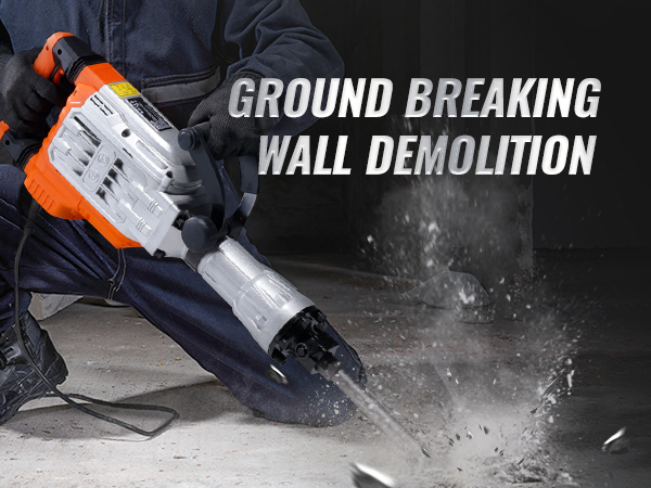 worker using VEVOR demolition jack hammer breaking through concrete wall with dust and debris flying.