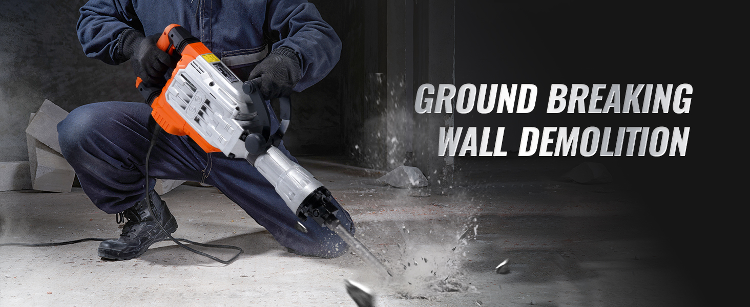 worker using VEVOR demolition jack hammer breaking through concrete wall with dust and debris flying.