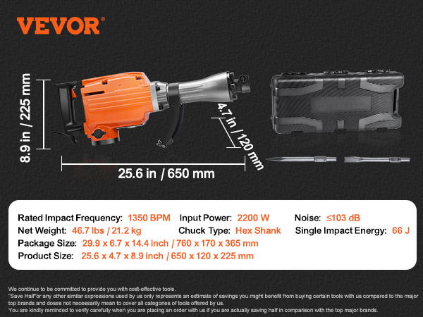 VEVOR demolition jack hammer with 2200w input power, chuck type hex shank, and a carry case.