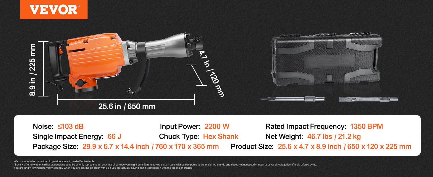 VEVOR demolition jack hammer with 2200w input power, chuck type hex shank, and a carry case.