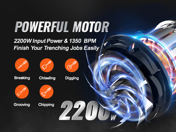 powerful motor for VEVOR demolition jack hammer with 2200w power, ideal for breaking, chiseling, and digging.