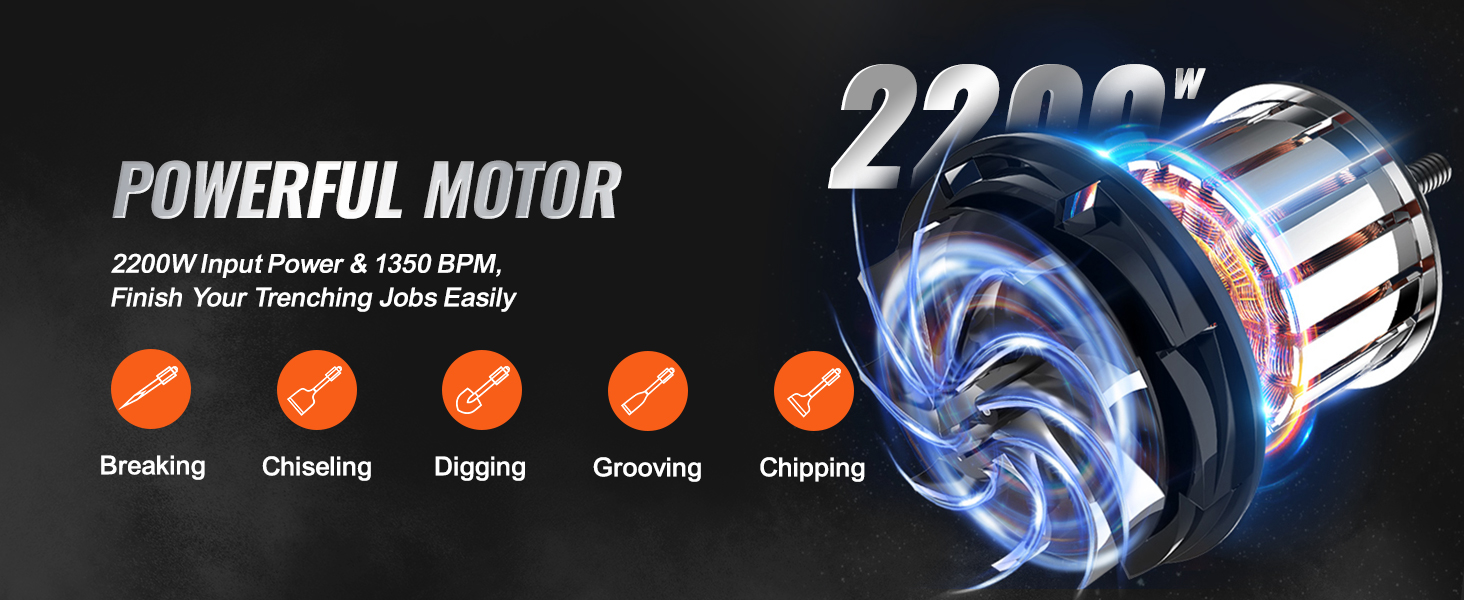 powerful motor for VEVOR demolition jack hammer with 2200w power, ideal for breaking, chiseling, and digging.
