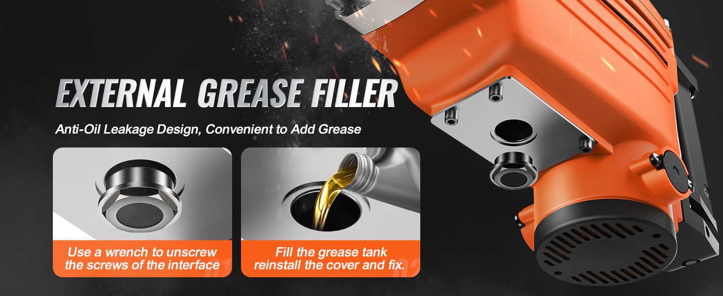 external grease filler for VEVOR demolition jack hammer with anti-oil leakage design, easy to add grease.
