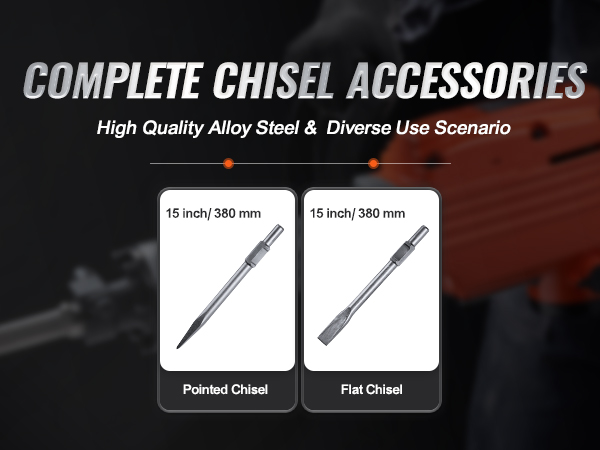 VEVOR demolition jack hammer chisel accessories: 15 inch pointed and flat chisels, alloy steel.