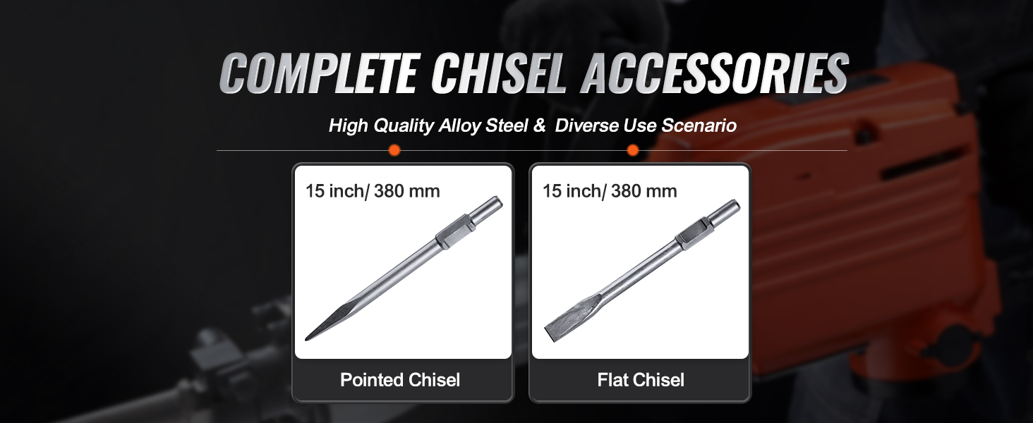 VEVOR demolition jack hammer chisel accessories: 15 inch pointed and flat chisels, alloy steel.