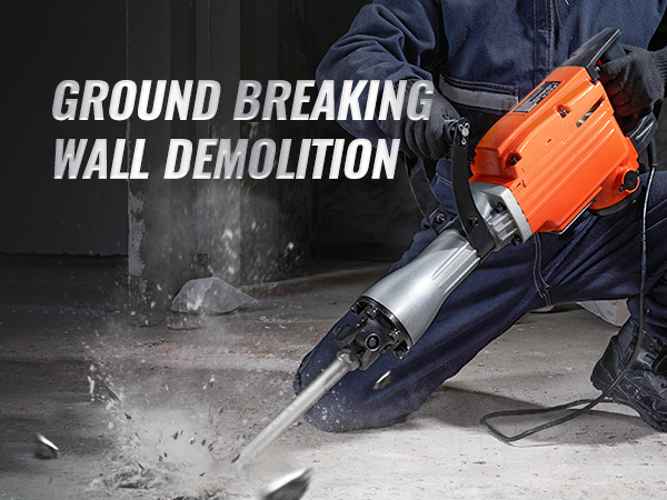 person using VEVOR demolition jack hammer on concrete floor, debris flying amid intense action.