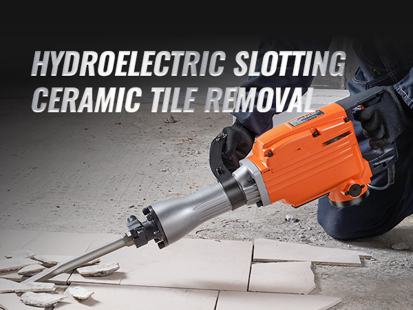 worker using VEVOR demolition jack hammer for tile removal on concrete floor. text reads: