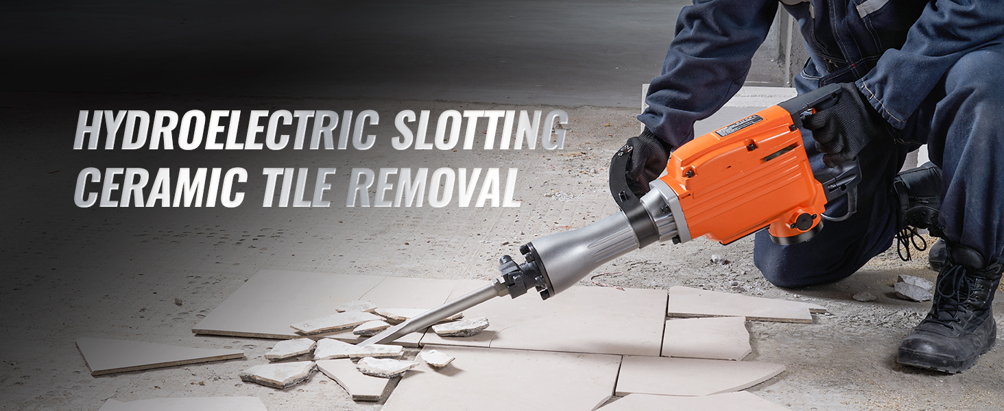 worker using VEVOR demolition jack hammer for tile removal on concrete floor. text reads: