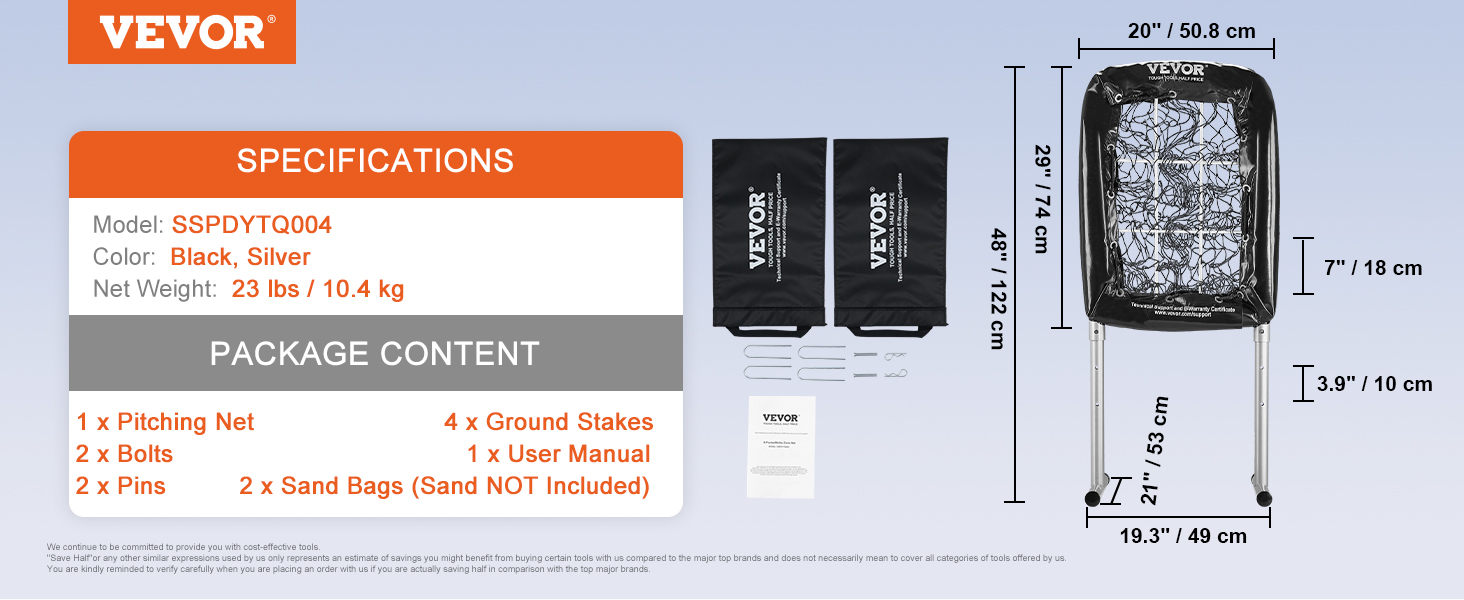VEVOR baseball training net specifications and package contents with dimensions and included accessories.