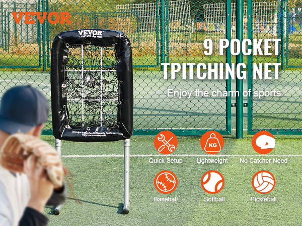 baseball player using VEVOR baseball training net with 9 pockets, quick setup, lightweight, and versatile.