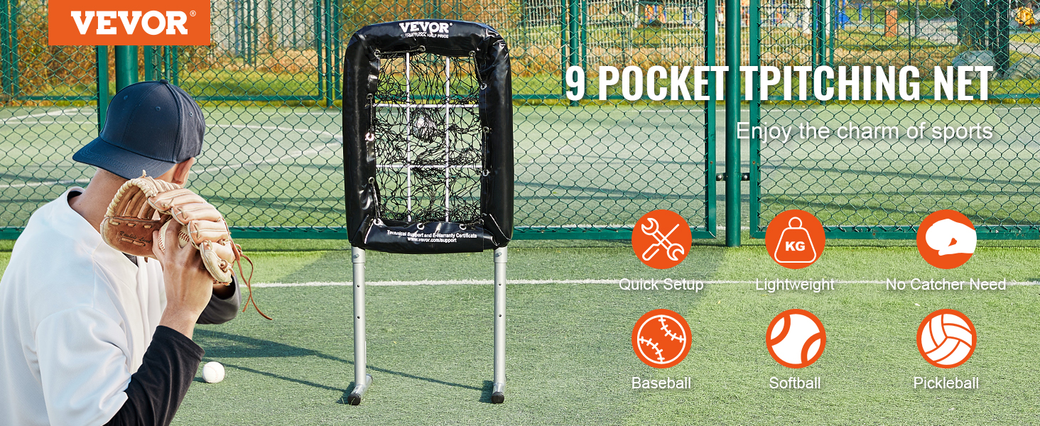 baseball player using VEVOR baseball training net with 9 pockets, quick setup, lightweight, and versatile.