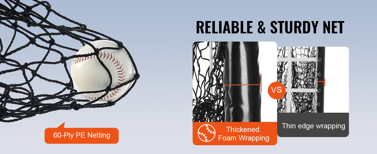 VEVOR baseball training net with 60-ply pe netting and thickened foam wrapping for reliability.