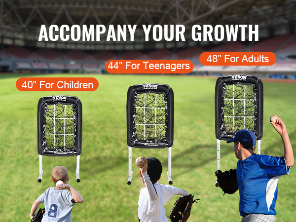 three sizes of VEVOR baseball training nets on a field with children, teenagers, and adults using them.