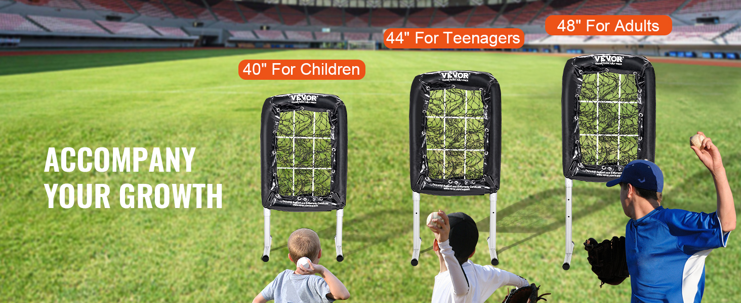 three sizes of VEVOR baseball training nets on a field with children, teenagers, and adults using them.