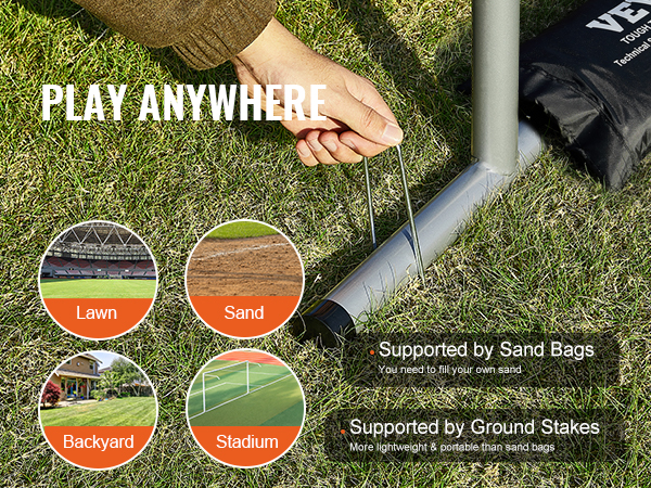play anywhere with VEVOR baseball training net, supported by ground stakes for lawn, stadium, backyard, sand.