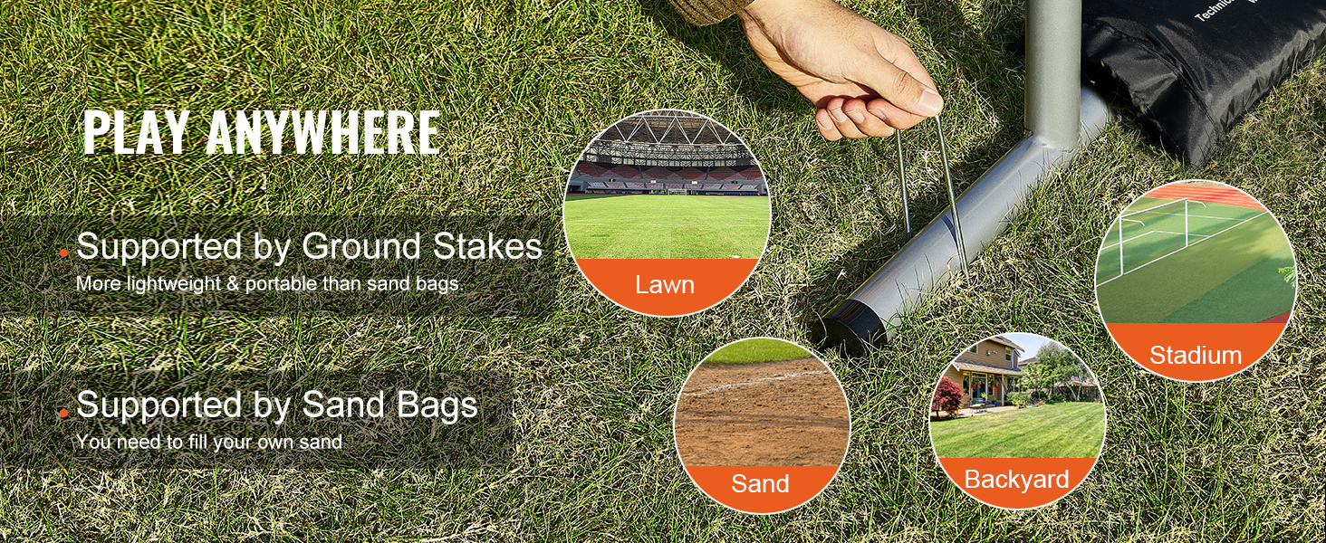 play anywhere with VEVOR baseball training net, supported by ground stakes for lawn, stadium, backyard, sand.