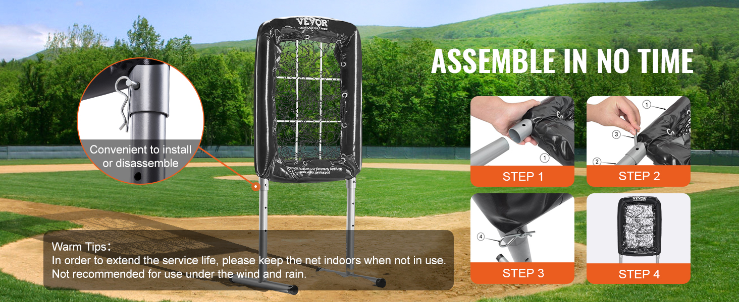 VEVOR baseball training net set up on a baseball field, assembly steps displayed on the right.
