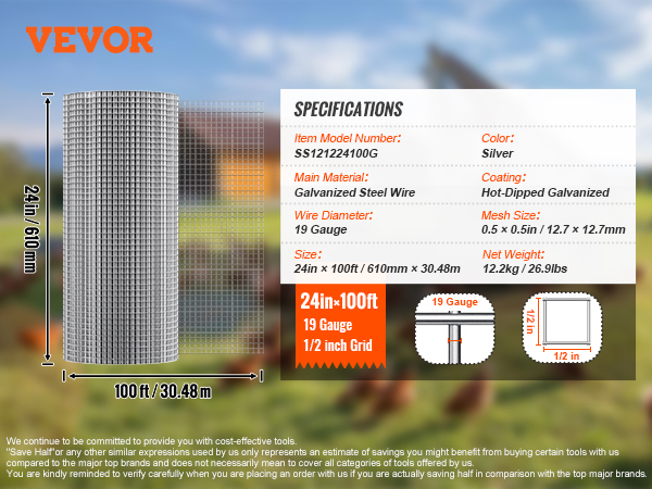 VEVOR hardware cloth roll, 24in x 100ft, 19-gauge galvanized steel wire, 1/2 inch mesh size, silver.