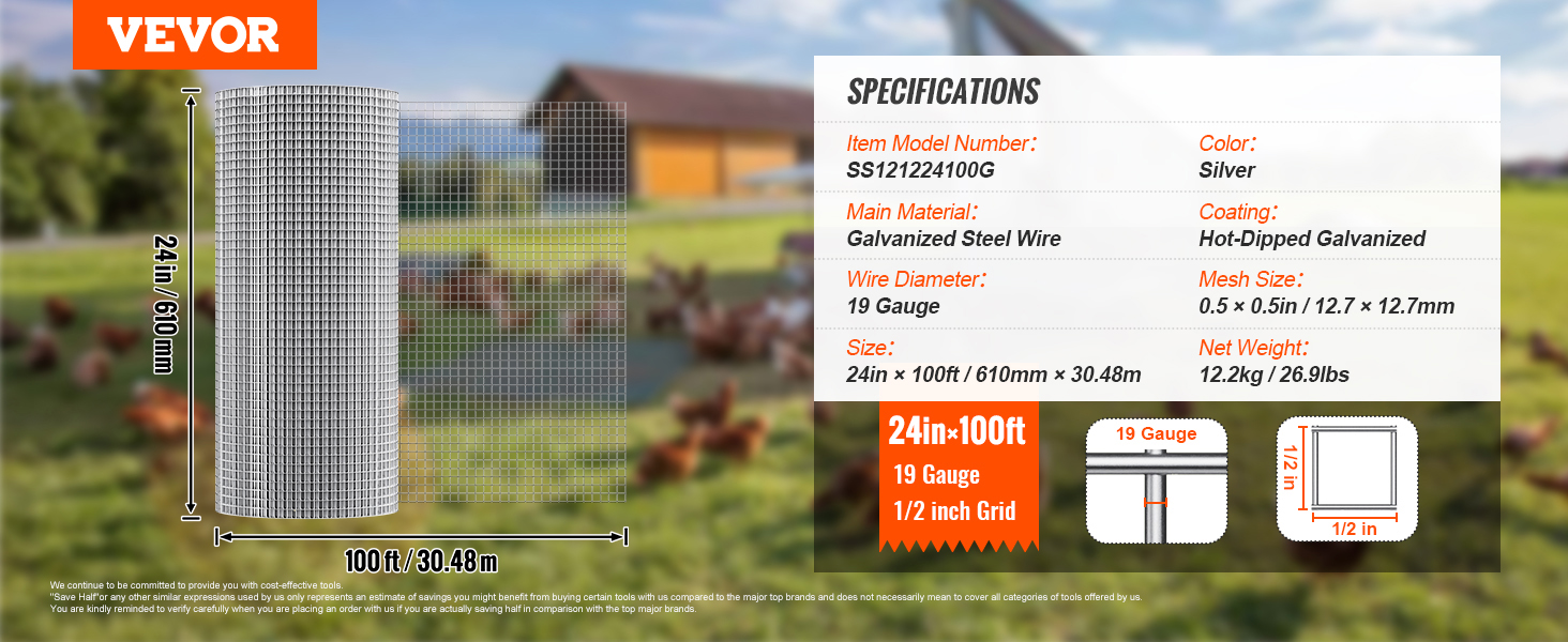 VEVOR hardware cloth roll, 24in x 100ft, 19-gauge galvanized steel wire, 1/2 inch mesh size, silver.