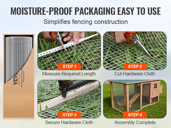 VEVOR hardware cloth packaging, measuring, cutting, securing, and assembly in four steps for fencing.